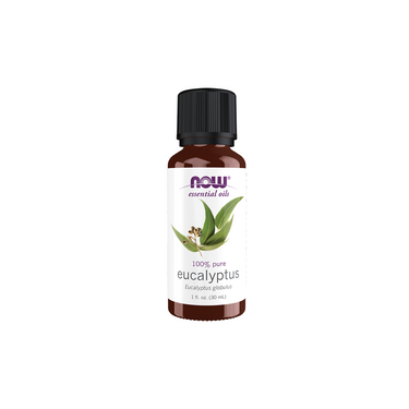 A 30 ml brown bottle of Now Foods Eucalyptus Globulus Oil, labeled